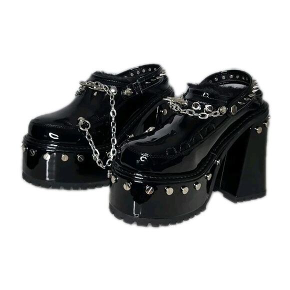 Widow Shoes - Widow Righteous Rebel Spike Platform Mules Vegan Patent Fur Trim Heels 9M